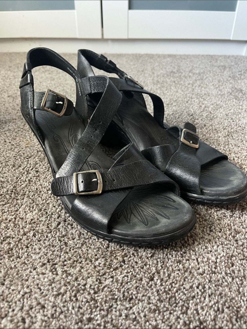 Born Black Leather Strappy Buckle Heels